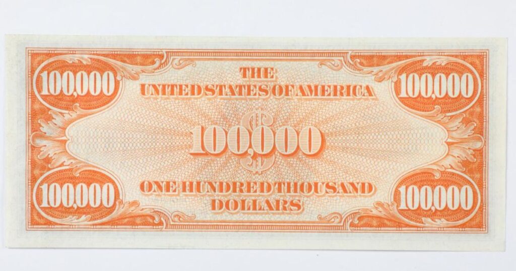 The back of the $100,000 bill